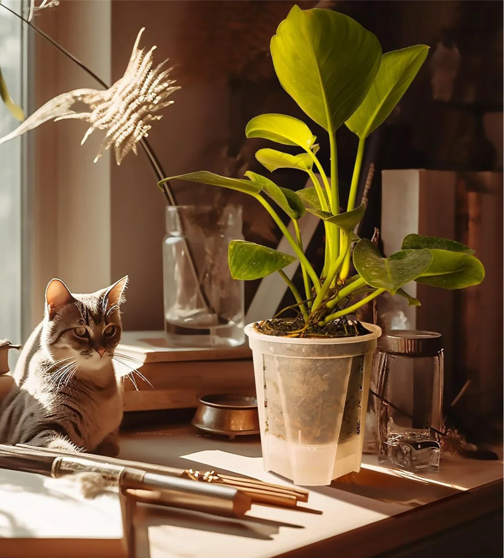 A green plant in a clear plant pot near a cat