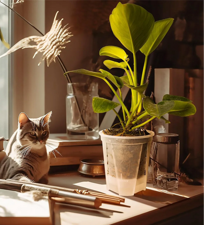 A green plant in a clear plant pot near a cat