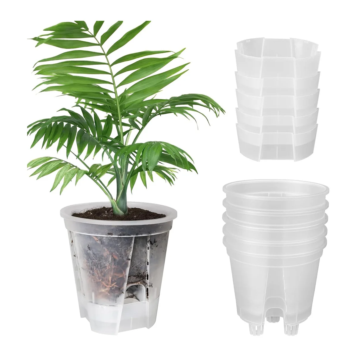 A pack of 5 Plant Pots with self-watering saucers