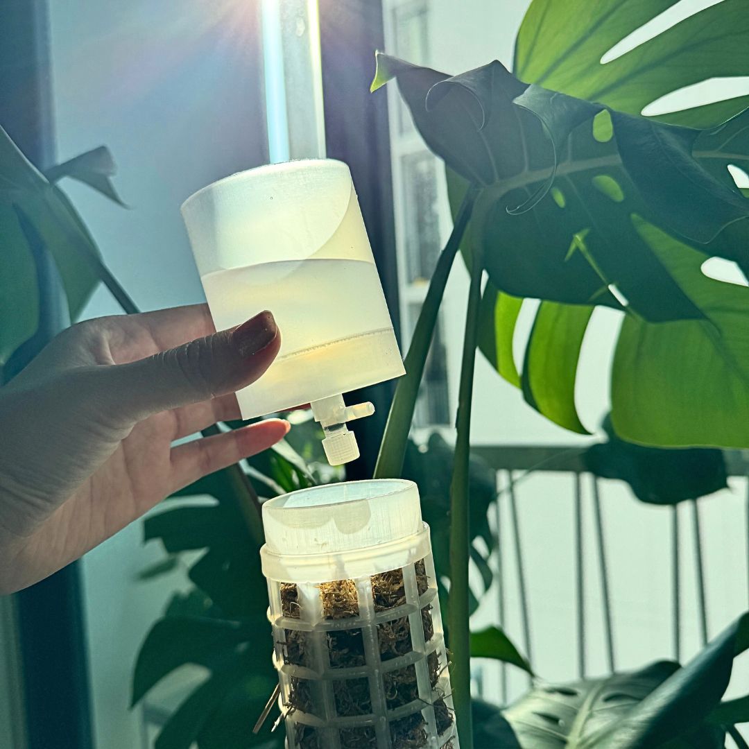 A water container for a self-watering moss pole